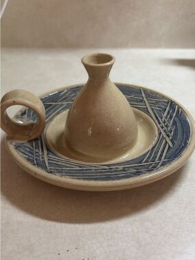 Handmade Ceramic Ring Holder & Tray in Beige and Blue